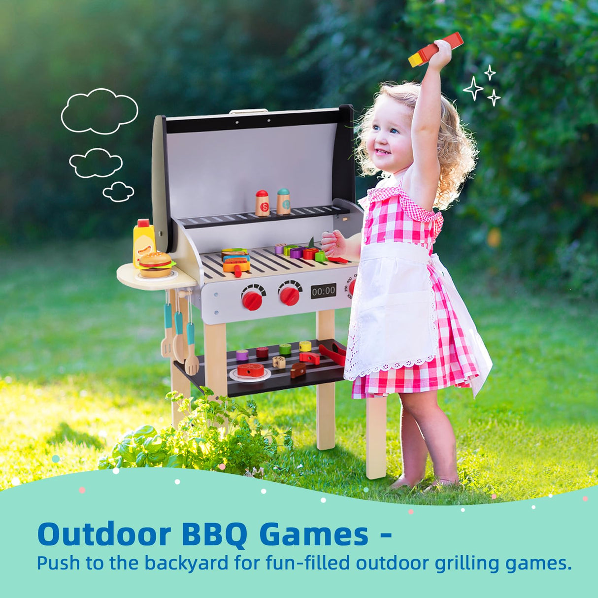 OOOK Wooden Play Barbecue Toy Grill, Kids Grill Playset with Play Food and Grilling Tools, Play Kitchen Accessories for Toddlers Boys Girls Age 3+ OOOK