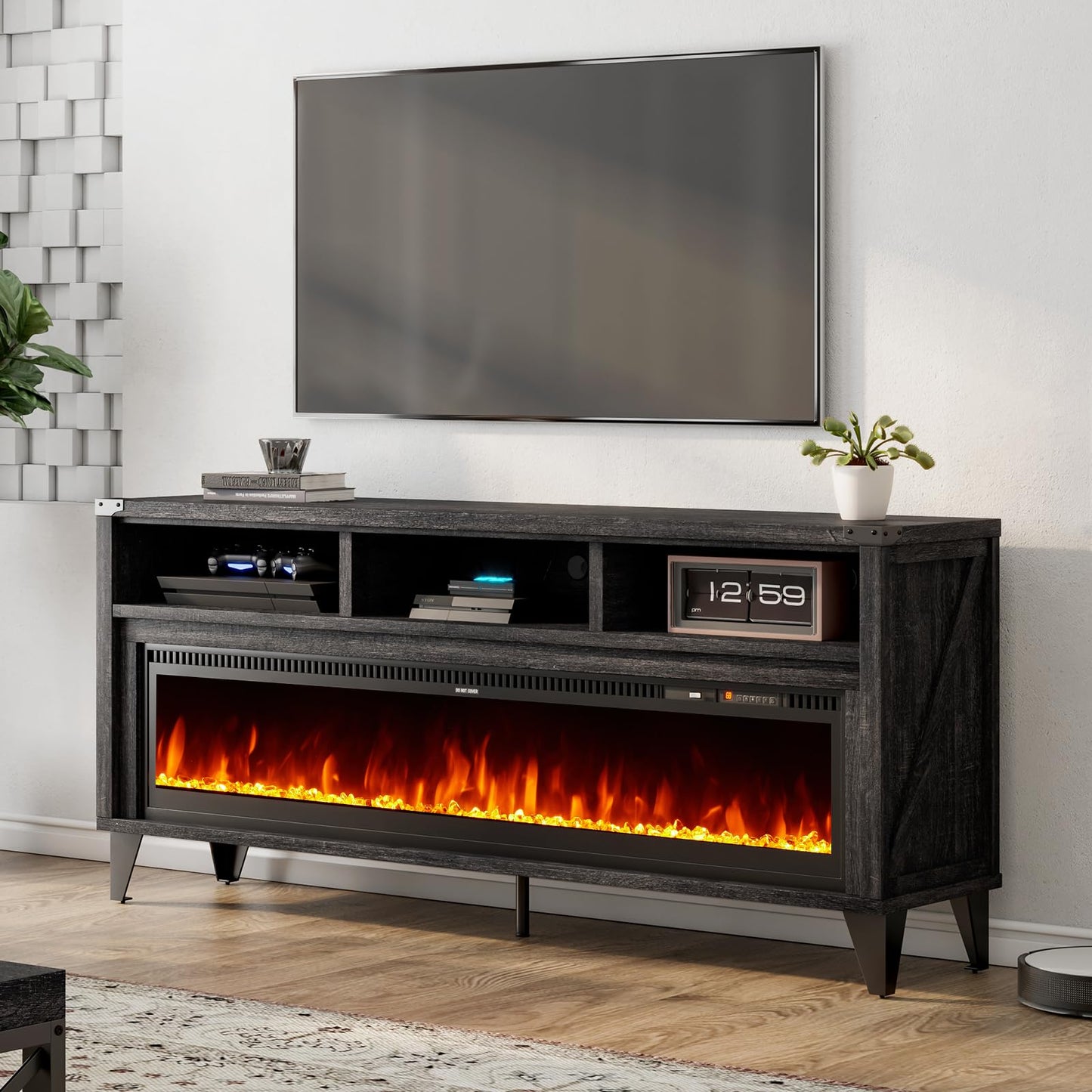 LUXOAK 65“ Fireplace TV Stand, Farmhouse Entertainment Center with 60" Tempered Glass Electric Fireplace, Industrial Media Console with Open Storage Space for TVs up to 75", Black