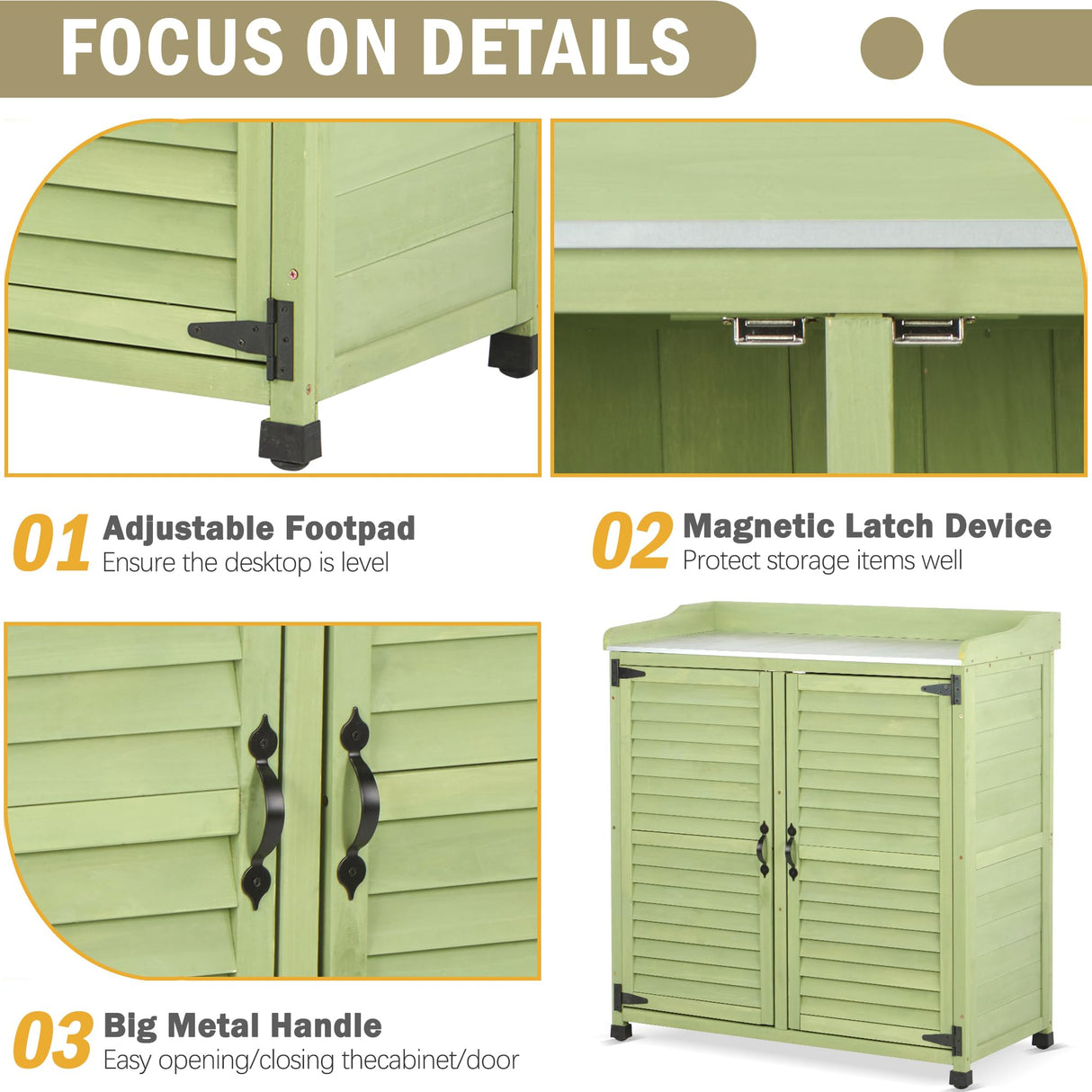 FTCBNet Outdoor Potting Bench with Metal Work Top,Waterproof Garden Storage Cabinet,Wooden Tool Station Shed for Backyard,Patio,Lawn Gardening FTCBNet