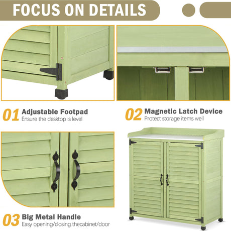 FTCBNet Outdoor Potting Bench with Metal Work Top,Waterproof Garden Storage Cabinet,Wooden Tool Station Shed for Backyard,Patio,Lawn Gardening FTCBNet