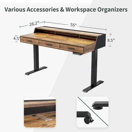 FEZIBO Electric Standing Desk with Drawers, 48x24 Inch Standing Desk Adjustable Height, Stand Up Desk with Monitor Shelf, Sit Stand Home Office Desk, Rustic Brown FEZIBO