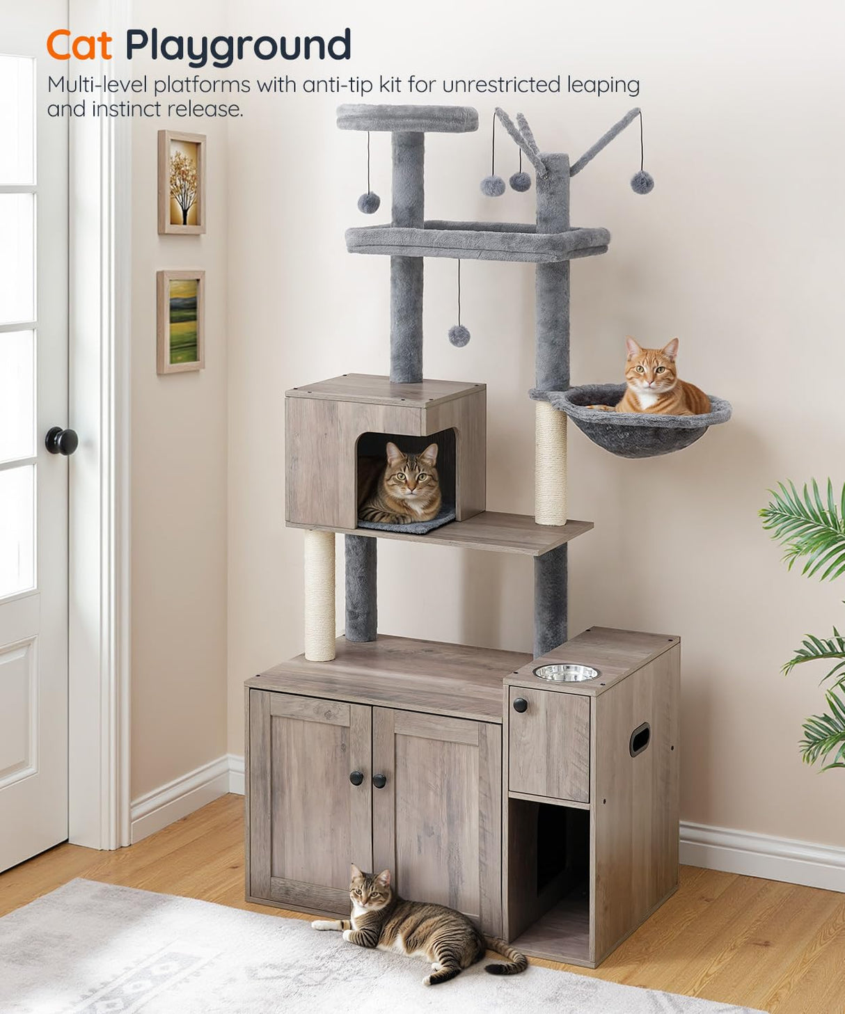 HOOBRO Cat Tree with Litter Box Enclosure, Cat Tower with Food Bowl and Storage, Hidden Cat Litter Enclosure Furniture, All-in-One Modern Cat Condo, with Cat House, Hammock and Perch, Greige BG80MZ03 HOOBRO