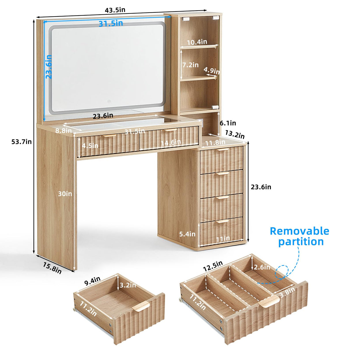 LEYAOYAO Vanity Desk with Mirror and Lights, 43.5'' Fluted Makeup Vanity with 6 Drawers and Adjustable Shelves, Natural Wood Make Up Vanity Dressing Table with Glass Top and Power Outlet for Bedroom LEYAOYAO