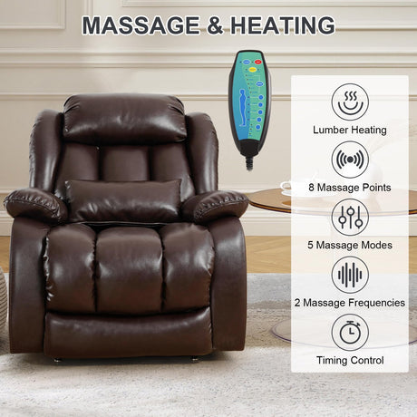 EDILLY Large Genuine Leather Power Lift Recliner Chairs for Elderly, Dual Motor with Massage and Heating,Double Lumbar Cushion and Extended Footrest,USB&Type-C Port and Remote(Brown) EDILLY
