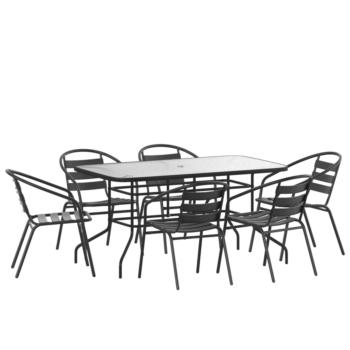 Flash Furniture Lila 7-Piece Glass Patio Table and Chairs Set, Outdoor Patio Dining Set with Rectangular Table and 6 Slat Back Patio Chairs, Black Flash Furniture