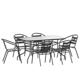Flash Furniture Lila 7-Piece Glass Patio Table and Chairs Set, Outdoor Patio Dining Set with Rectangular Table and 6 Slat Back Patio Chairs, Black Flash Furniture