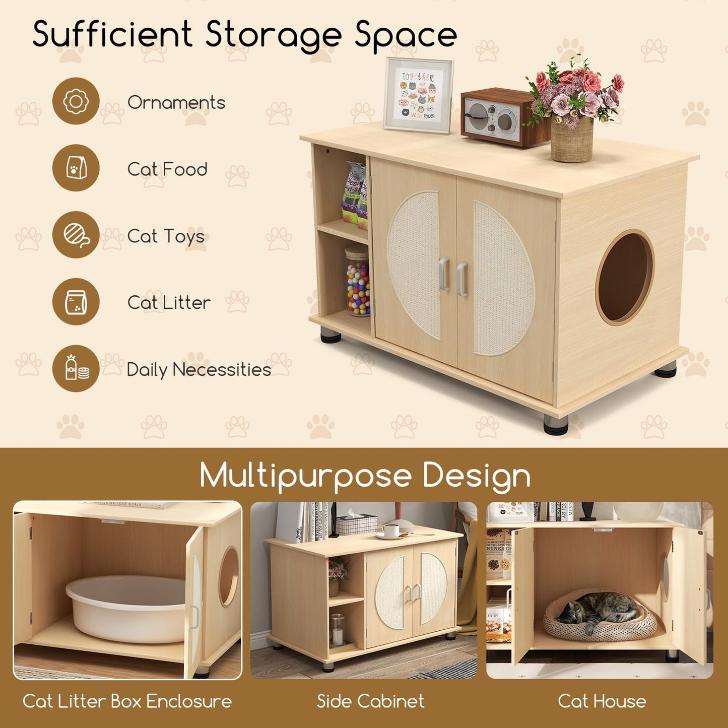 PETSITE Cat Litter Box Enclosure, Hidden Litter Box Furniture with Sisal Scratching Board Doors, Wooden Pet House Side End Table, Indoor Litter Box Cabinet with Adjustable Metal Feet