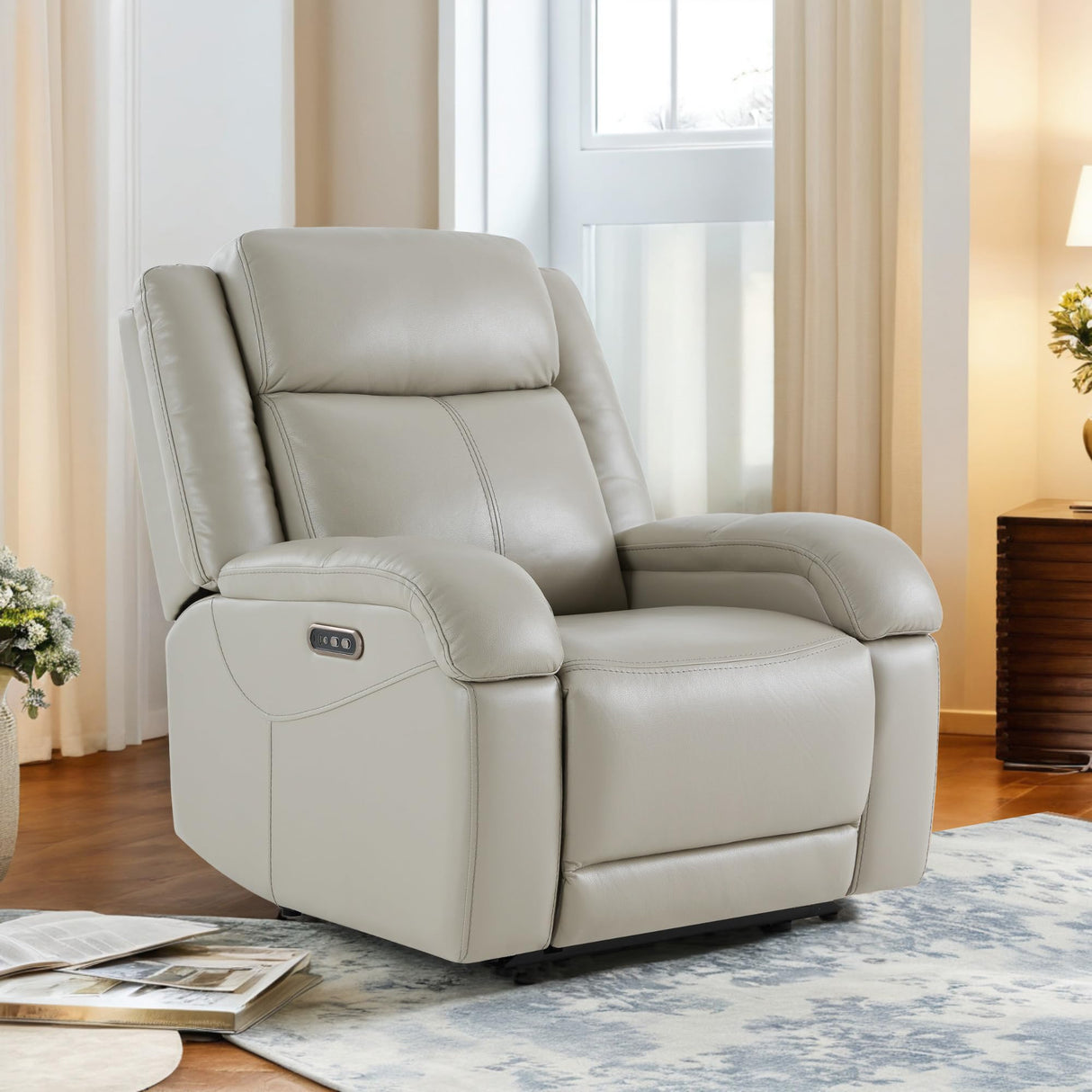 Watson & Whitely Genuine Leather Power Recliner Chairs for Adults, Wall Hugger RV Recliner with Power Headrest & Charging Ports, Electric Recliner Sofa Chair for Living Room, Grey Watson & Whitely