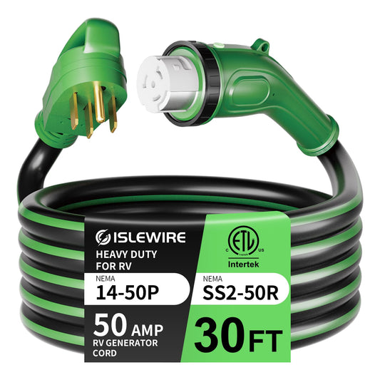 ISLEWIRE 50 Amp 30 Feet RV Power Cord, Heavy Duty 6/3 + 8/1 Gauge STW 50A Generator Cord, NEMA 14-50P to SS2-50R LED Power Indicator Twist Lock for RV Trailer Camper and Generator to House, E - WoodArtSupply