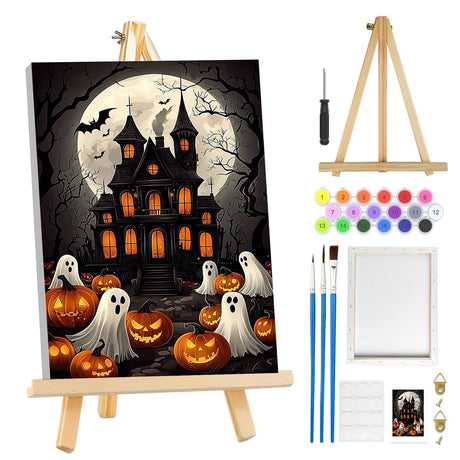 MOGTAA Halloween Paint by Numbers Kit for Adults Beginners with Frame, Ghost Adult Paint by Number Kits on Canvas with Easel, Easy DIY Pumpkin Oil Painting Kits for Home Decor, 8x12in MOGTAA