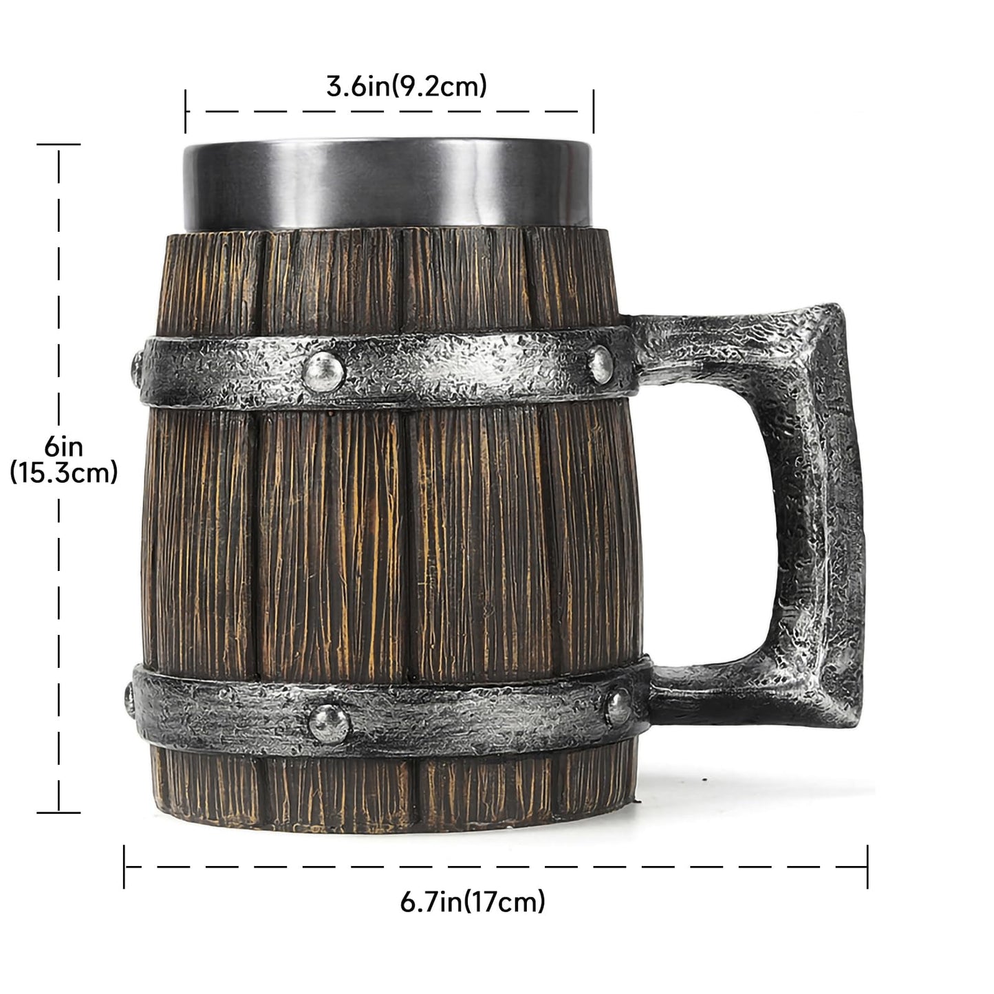 Viking Wooden Barrel Tankard Creative Hand-painted Resin Beer Stein, 304 SS Liner Wine Goblet Coffee Mug Handmade Creative Gift Home Decor, Capacity 20 OZ (Dark brown) - WoodArtSupply