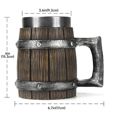 Viking Wooden Barrel Tankard Creative Hand-painted Resin Beer Stein, 304 SS Liner Wine Goblet Coffee Mug Handmade Creative Gift Home Decor, Capacity 20 OZ (Dark brown) - WoodArtSupply