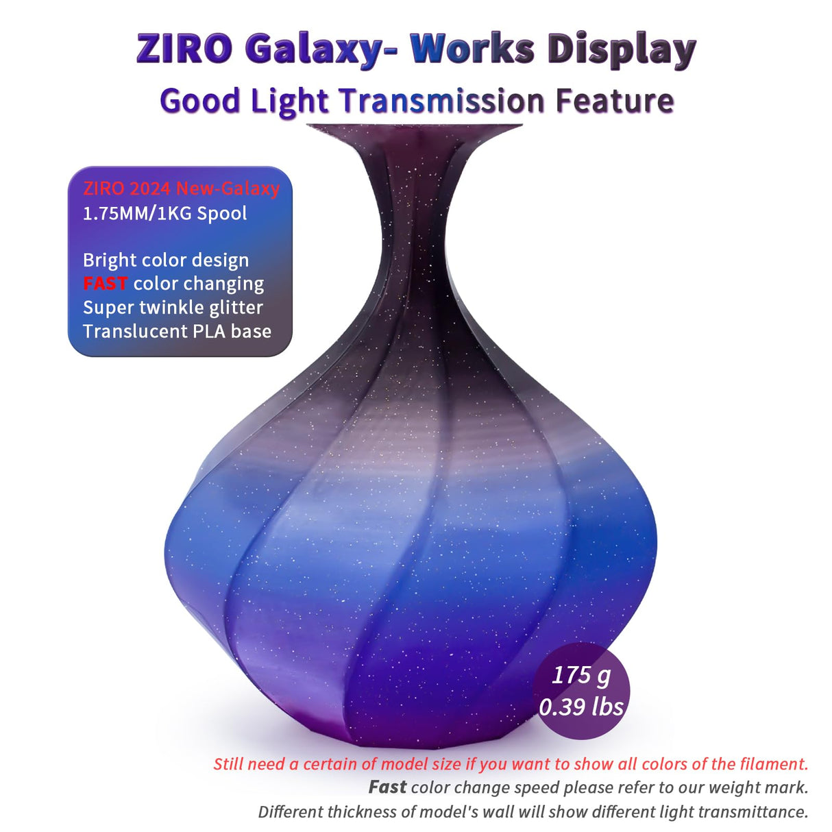 ZIRO Fast Color Changing Twinkling PLA, 1.75mm Filament, Sparkle Glitter with Colorful Transluent PLA, 3D Printing Material,1kg Spool, Dimensional Accuracy +/-0.03mm, Galaxy ZIRO