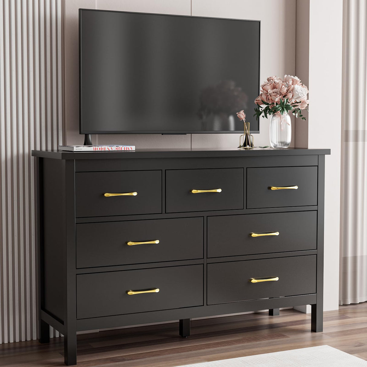 LYNSOM Black Dresser for Bedroom, 7 Drawer Dresser with Metal Handles, Modern Wood Chest of Drawers for Living Room, Entryway and Hallway LYNSOM