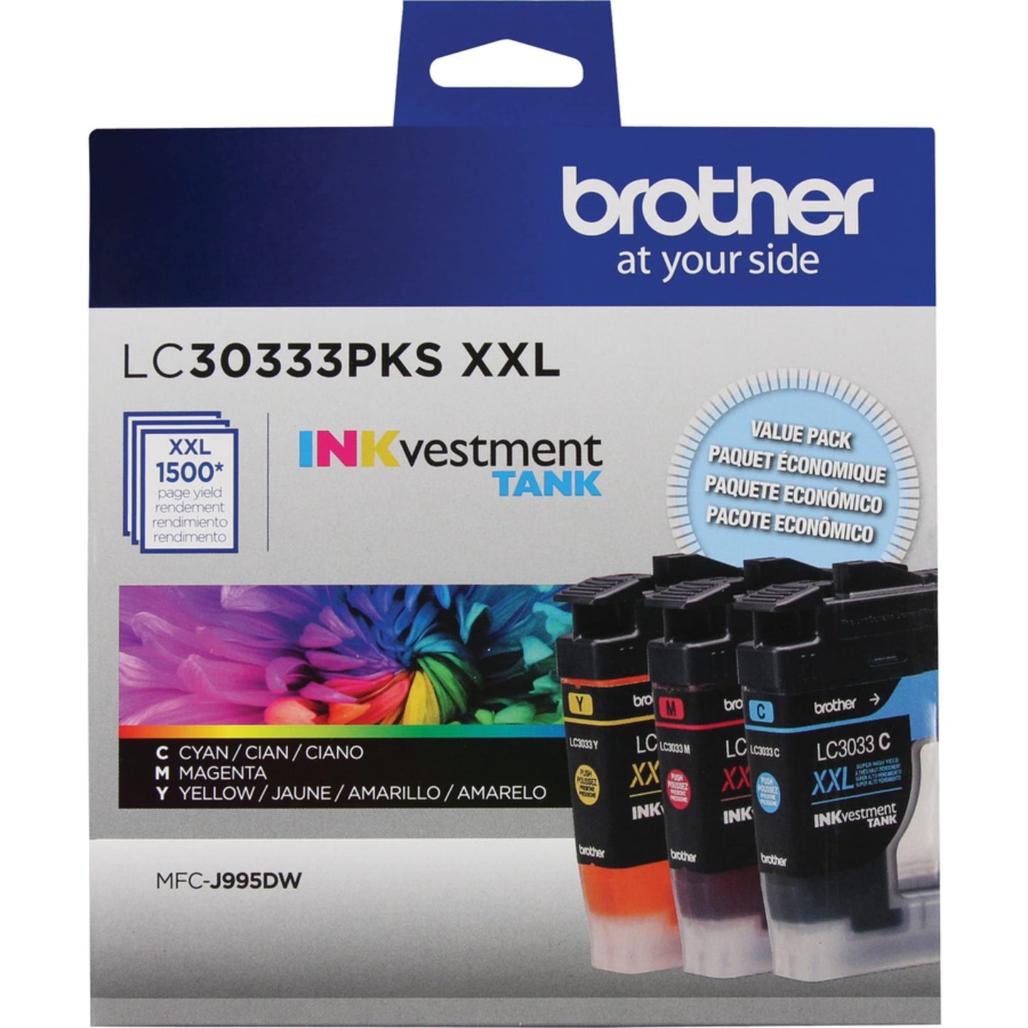 Brother Genuine LC30333PKS 3-Pack, Super High-yield Color INKvestment Tank Ink Cartridges; Includes 1 Cartridge each of Cyan, Magenta & Yellow, Page Yield Up to 1,500 Pages/Cartridge, LC3033