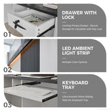 Anzhap L-shaped Standing Reception Desk with LED Lights, Front Desk Reception Counter with Drawer, Open Storage Cabinets for Office, Salon, Lobby (Black Grain + White Grain/Left, 71"L * 24"W * 39"H) Anzhap