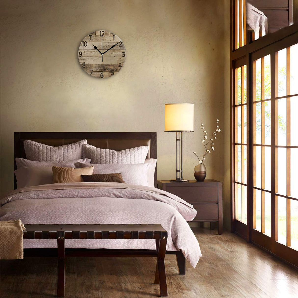 LANEABUY Decorative Wood Style Round Farmhouse Wall Clock 14 Inch Silent Non Ticking Battery Operated Home Decor Wall Clocks for Living Room, Bedroom, Kitchen LANEABUY