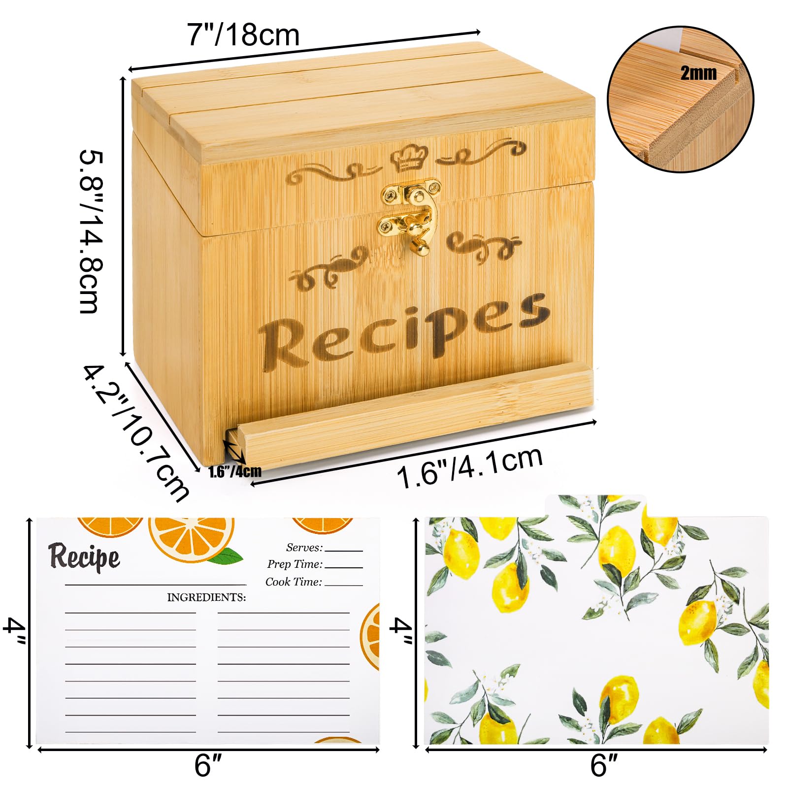 Youeon Bamboo Recipe Box with Cards and Dividers and Pull out Phone Holder, 7 x 4.2 x 5.8 in Kitchen Recipe Card Organizer with 100 Recipe Cards 4"x6", Rustic Recipe Holder, Kitchen Gift - WoodArtSupply