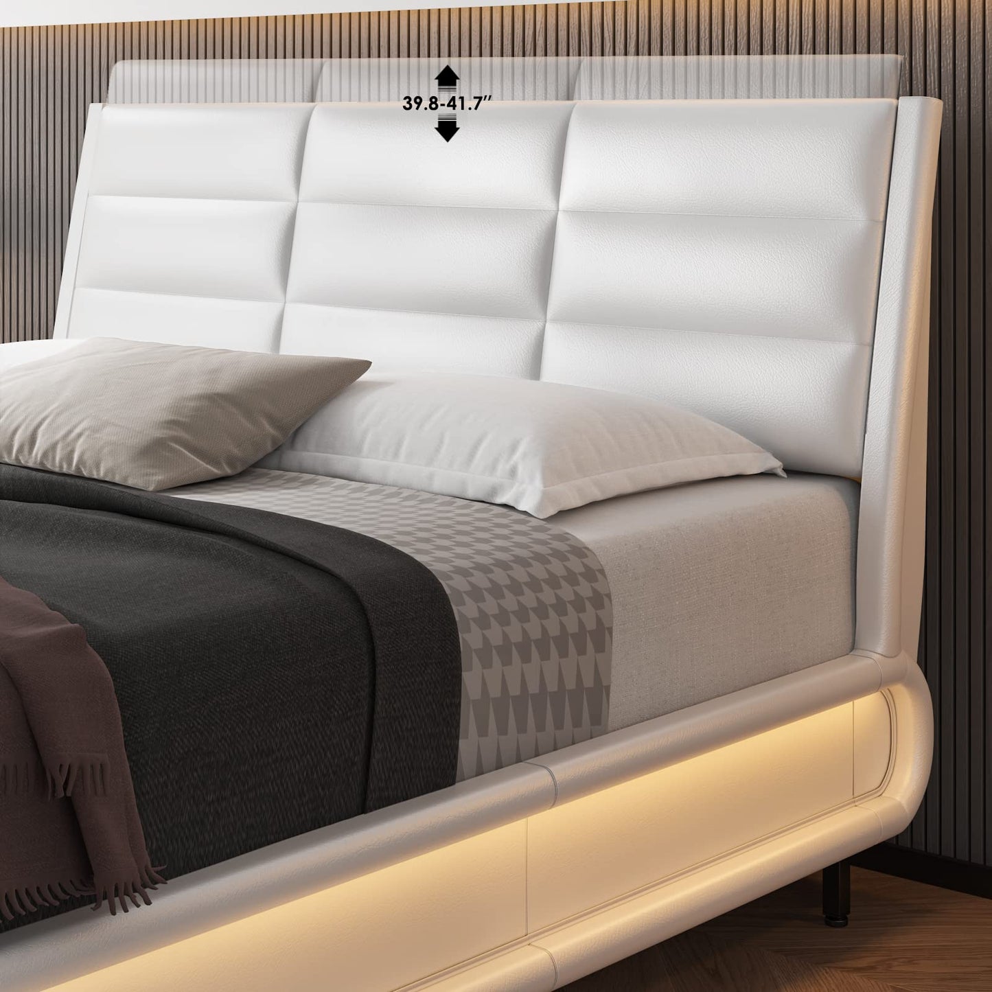 HOSTACK Queen Size Upholstered Bed Frame with Smart LED Lighting and Adjustable Headboard, Modern Low Profile Sleigh Design - WoodArtSupply