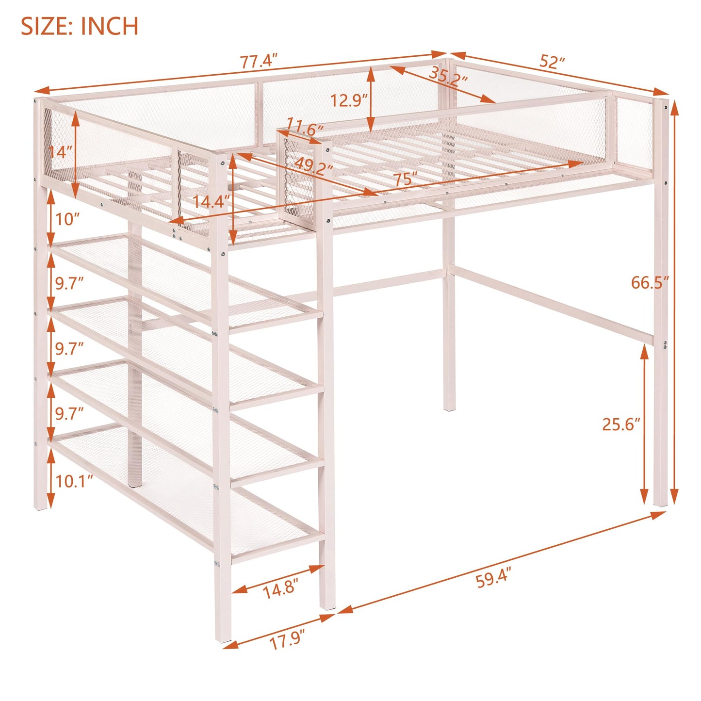 Merax Twin Size Metal Loft Bed with 4-Tier Shelves and Storage, Twin Loft Bed Frame for Dorm, Boys & Girls, Teens, No Box Spring Needed, Pink