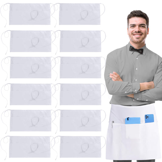 Utopia Wear 12 Pack Server Apron with 3 Pockets, Waist Apron for Waiter Waitress, 12 Inches, White