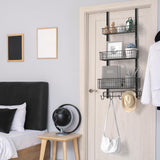 YBING Over The Door Organizer with Hooks 3 Tier Back Towel Hanger Baskets Metal Behind Hanging Storage Shelf Pantry Racks for Bedroom Bathroom Black, R01-R984 YBING