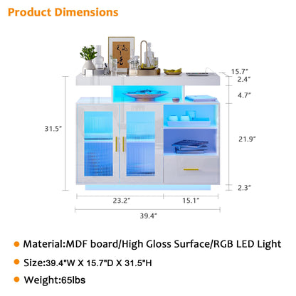 Modern White LED Sideboard Buffet Cabinet with Charging Station and Auto Sensor Lights