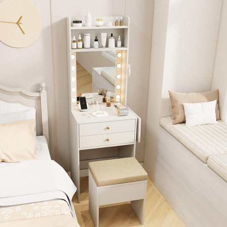 CHARMAID Small Vanity Desk with Mirror and Lights, Makeup Vanity Table with Charging Station, Drawers, Shelves, Foldable Side Table, Compact White Dressing Table with Storage Chair for Small Space CHARMAID