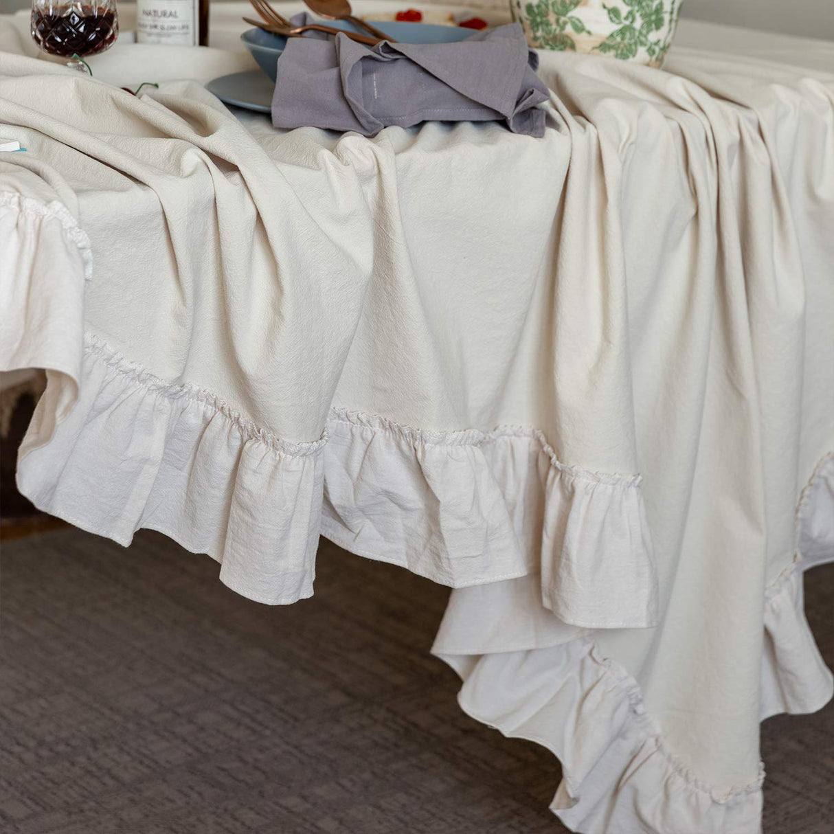 Glory Season Retro Farmhouse Ruffle Tablecloth Cotton Flounces Trim Washable Table Cover Tablecloths for Rectangle Table Baby Shower Kitchen Party Wedding Decor,White 60''x84'' GLORY SEASON