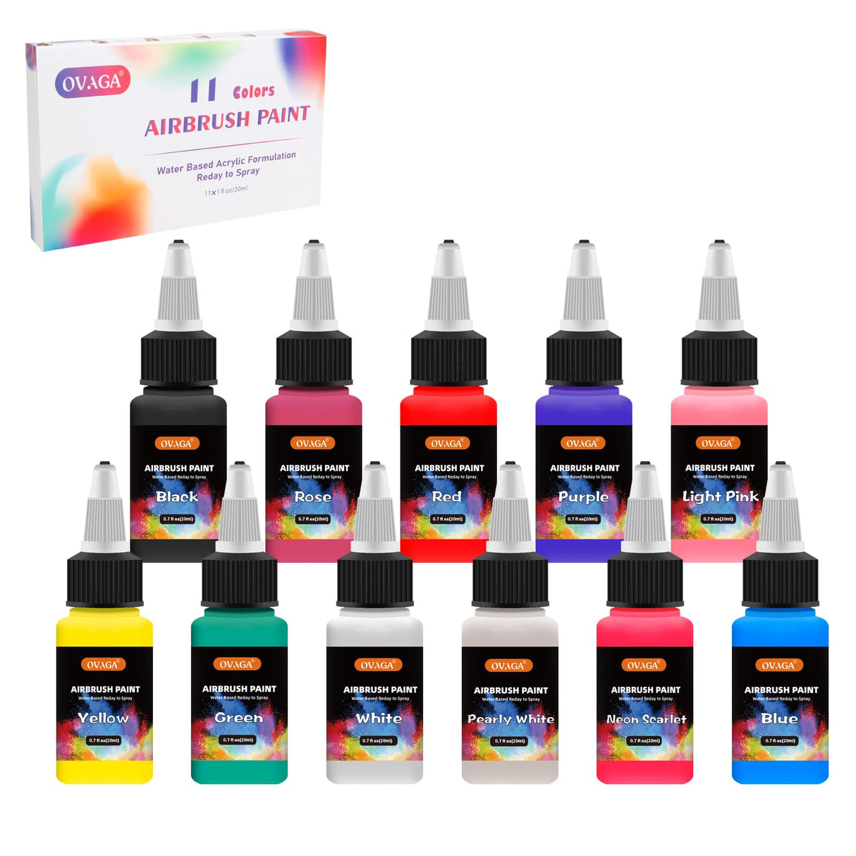 Ovaga Airbrush Paint Set, 11 Colors (20 ml/0.7 oz), Ready to Spray, Opaque & Neon, Water-Based Acrylic Kit for Artists & Hobbyists Ovaga