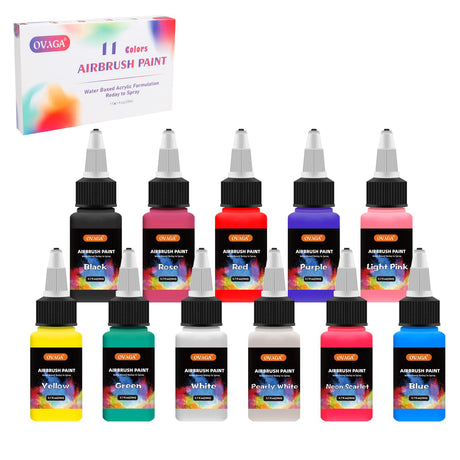 Ovaga Airbrush Paint Set, 11 Colors (20 ml/0.7 oz), Ready to Spray, Opaque & Neon, Water-Based Acrylic Kit for Artists & Hobbyists Ovaga