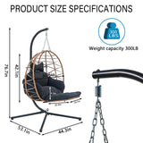 Hanging Egg Chair with Stand & Leg Rest,Rattan Wicker Swing Chair with Cushion, Patio Basket Hanging Chair Wicker Hammock Chair for Indoor Outdoor Bedroom Garden,300LBS (Yellow Rattan&Black Cushion) FKSLIFE