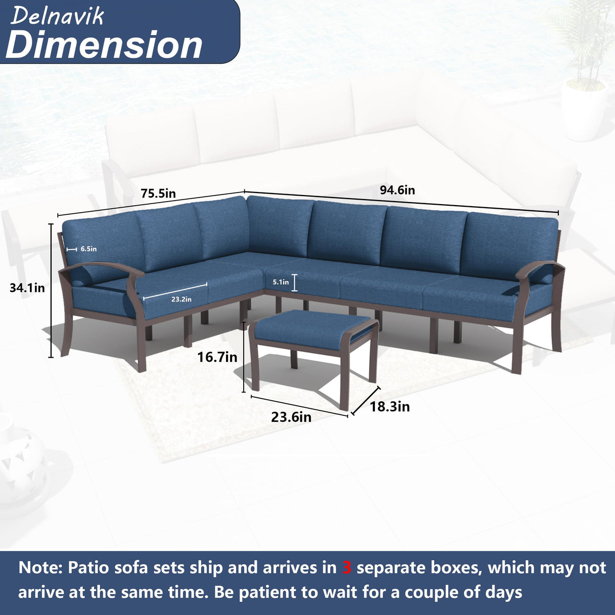 Kurapika Patio Furniture Set 8-Piece Aluminum Sectional Sofa with Armrest, Modern Outdoor Conversation Set, Metal Corner Sofa with Ottoman, Navy Blue Kurapika