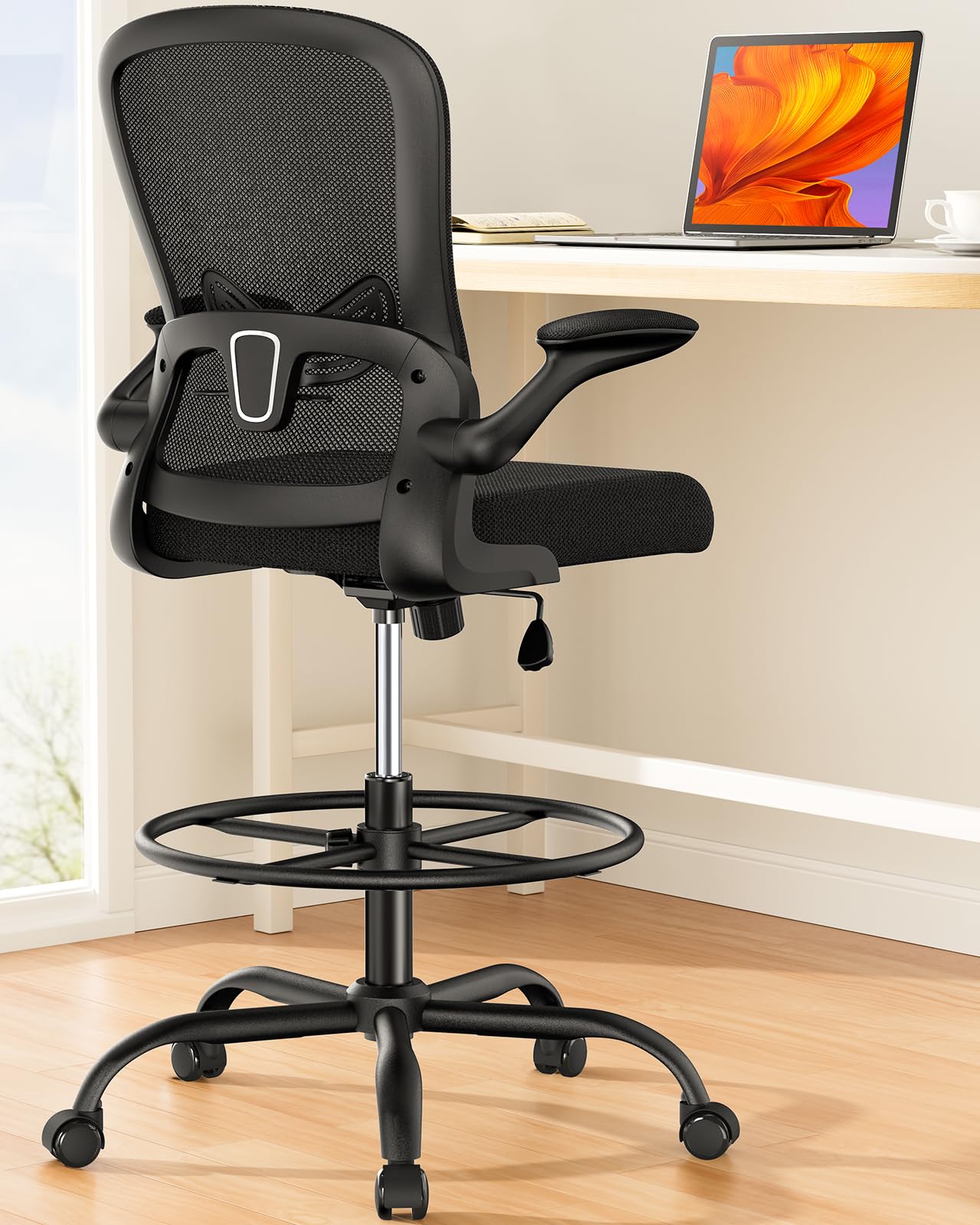 ErGear Drafting Chair, Standing Desk Chair with Flip-Up Armrests, High Desk Chair Adjustable Height, Ergonomic Tall Office Chair with Lumbar Support and Adjustable Footrest Ring