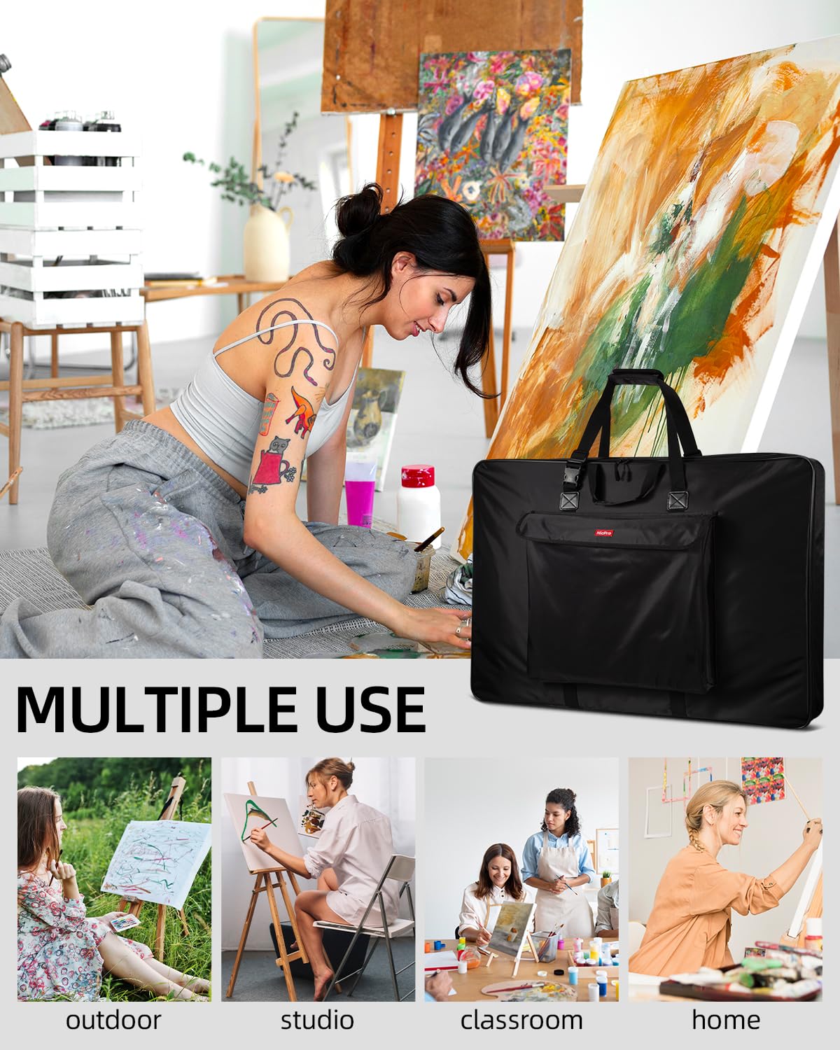 Nicpro Large Art Portfolio Bag 35 x 43 Inches Waterproof Nylon Artist Storage Case with Shoulder Strap, Storage Carrying Bag for Professional Artwork Sketch Drawing Canvas Photography Poster Nicpro