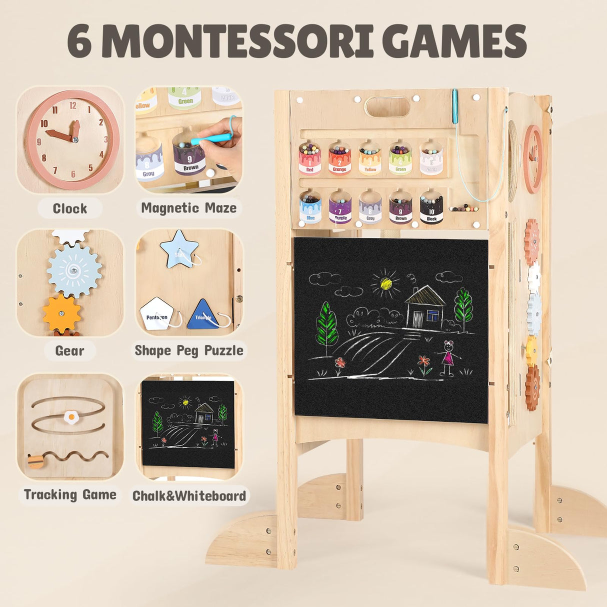 Joyreal Foldable Toddler Tower, Toddler Kitchen Stool Helper with 2 Step Stool, Wooden Standing Tower with 6 Montessori Activity Games, Safety Net & Adjustable Height Joyreal