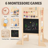 Joyreal Foldable Toddler Tower, Toddler Kitchen Stool Helper with 2 Step Stool, Wooden Standing Tower with 6 Montessori Activity Games, Safety Net & Adjustable Height Joyreal