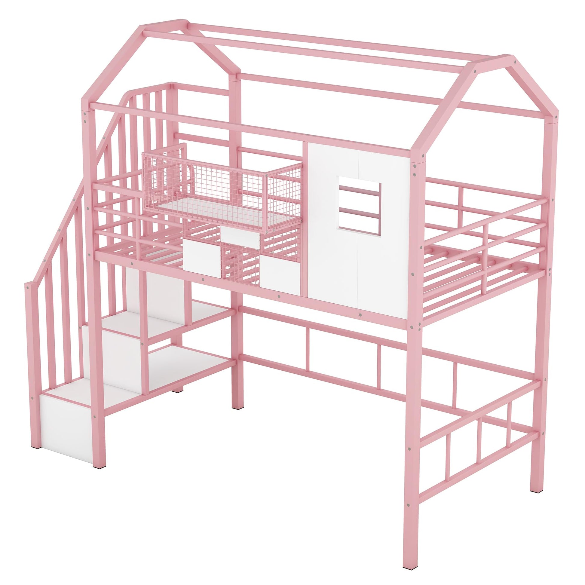 Twin Loft Bed with Storage Stairs and Guardrails in Pink, House-Style Design by Bellemave - WoodArtSupply