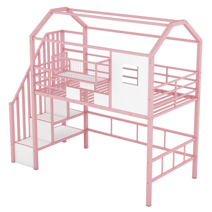 Twin Size House Loft Bed with Stairs and Storage, Heavy-Duty Metal Princess Loft Bed Frame with Storage Box and Safety Rail for Girls Kids Teens, Pink