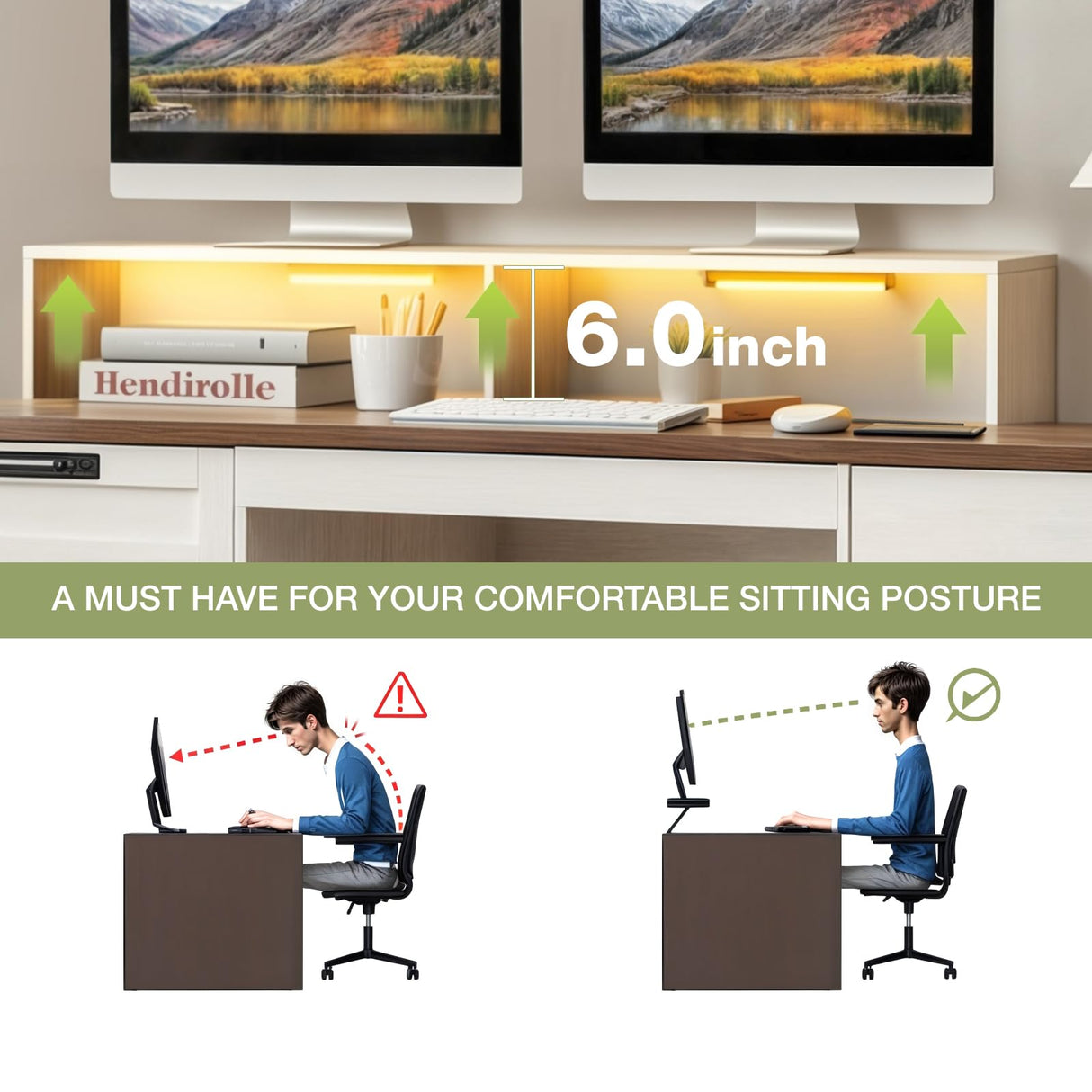 JanflyHome Executive Desk with File Storage Drawer, 63" Lift Top Farmhouse Home Office Gaming Desk with Charging Station, 3 Drawers Sensor Lights Wood Computer Table with Monitor Stand, Antique White JanflyHome