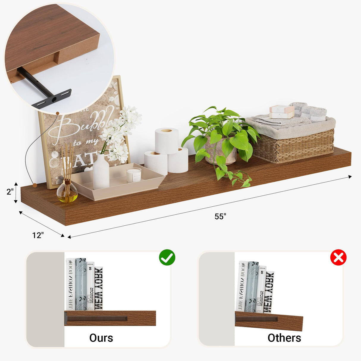 Heimlove 12 Inch Deep Floating Shelves, 55 x 12 inches Long Wall Shelf, Large Extra Display Shelf & Storage Shelf, Rustic Wood Wall Shelves for Fireplace Mantel, Set of 1(Walnut) Heimlove