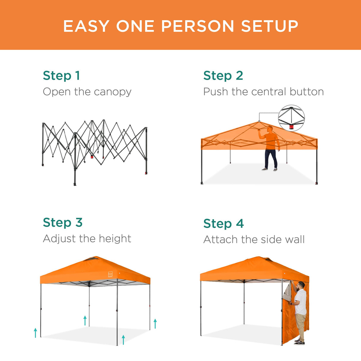 Best Choice Products 10x10ft Easy Pop Up Canopy w/Side Wall, 10 Pockets, Portable Carrying Case, 1-Button Setup, 4 Weight Bags - Orange Best Choice Products