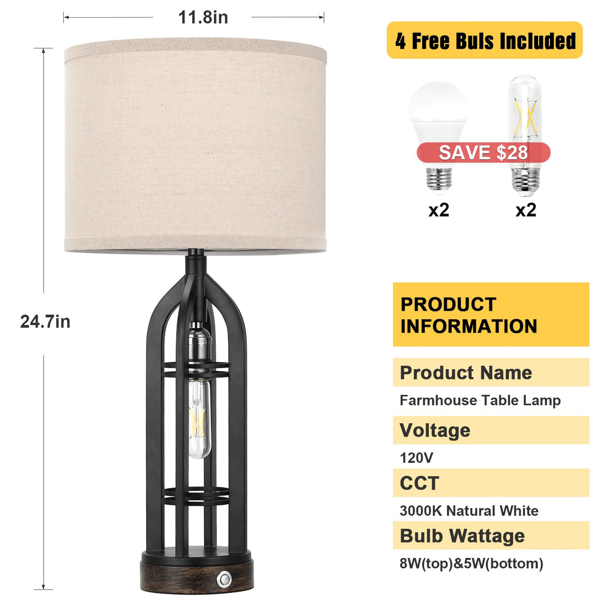 Table Lamp for Living Room - Lamps Set of 2 with USB C+A & Outlet, 3-Way Dimmable Farmhouse Lamps for Night Stands, Rustic Bedside Lamp for End Tables, Industrial Nightstand Lamps for Bedroom Seealle