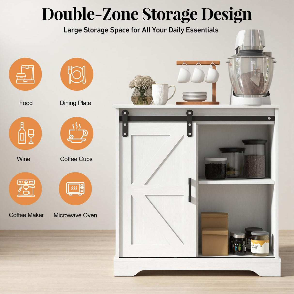 Panana Sliding Barn Door Buffet Sideboard Storage Cabinet Coffee Bar Kitchen Farmhouse Style (White) Panana