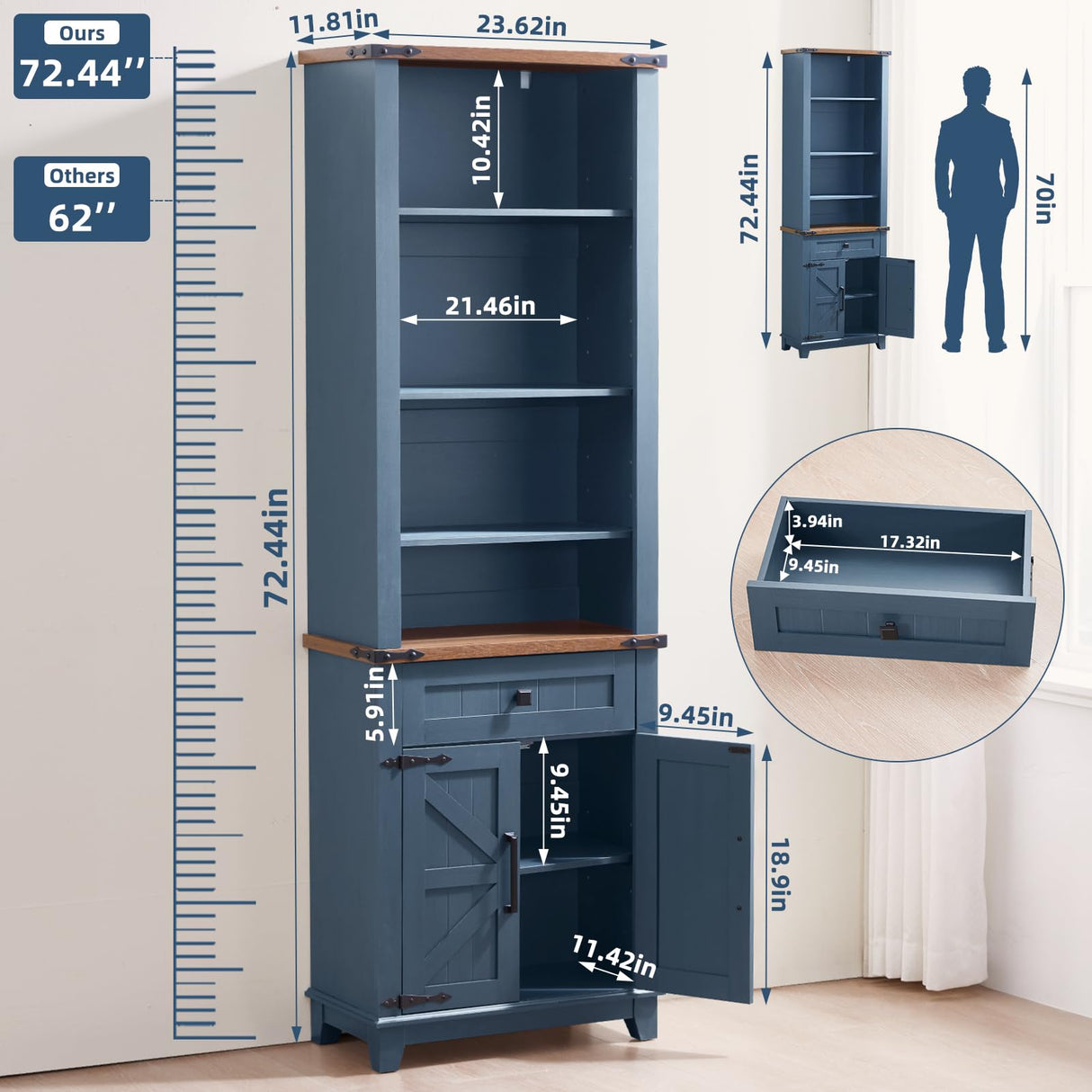 Joaxswe 72in Tall Bookshelf 7 Tier Bookcase with Drawer and Barn Doors and Adjustable Shelves, Blue Farmhouse Book Shelf with Storage Cabinet, Wood Freestanding Display Bookshelves for Living Room Joaxswe