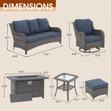 SUNSITT Outdoor Furniture Set with Fire Pit Table Wicker Patio Conversation Set 7-Piece Patio Sectional Furniture Set with Gas Firepit with Swivel Patio Chair Grey Wicker & Denim Blue Cushion SUNSITT