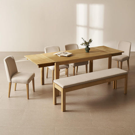 mopio Logan 6 Piece 6 Seater Upholstered Dining Table Set, Modern Farmhouse Solid Wood 6 Piece 91" Extendable Dining Table Set for Dining Room Kitchen with 4 Chairs & 64" Bench mopio