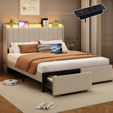 Full Size Bed Frames with Storage Headboard and 2 Drawers, Upholstered Platform Bed Frame Full with Led Lights and Handy Charging Station, No Box Spring Needed, Easy Assembly, Noise Free, Beige TIGUBFRE