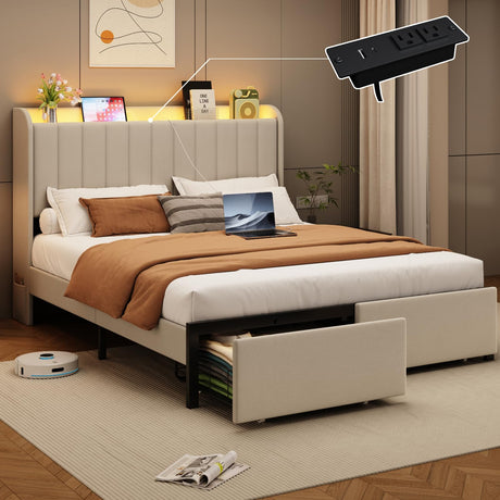 Full Size Bed Frames with Storage Headboard and 2 Drawers, Upholstered Platform Bed Frame Full with Led Lights and Handy Charging Station, No Box Spring Needed, Easy Assembly, Noise Free, Beige TIGUBFRE