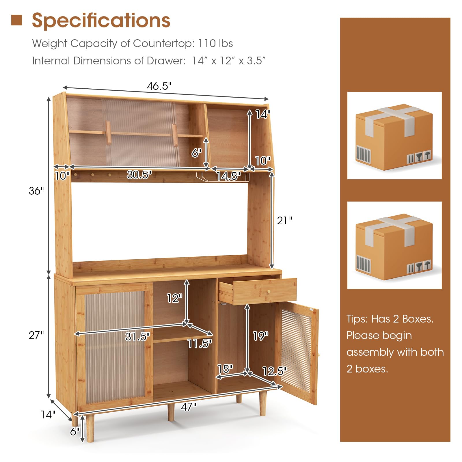 Giantex Pantry Cabinet, 69" Bamboo Hutch Cabinet with Storage, Drawer, Microwave Countertop, Glass Holder, Freestanding Buffet Sideboard with Rattan Door Cabinet, Tall Cupboard for Kitchen Co - WoodArtSupply